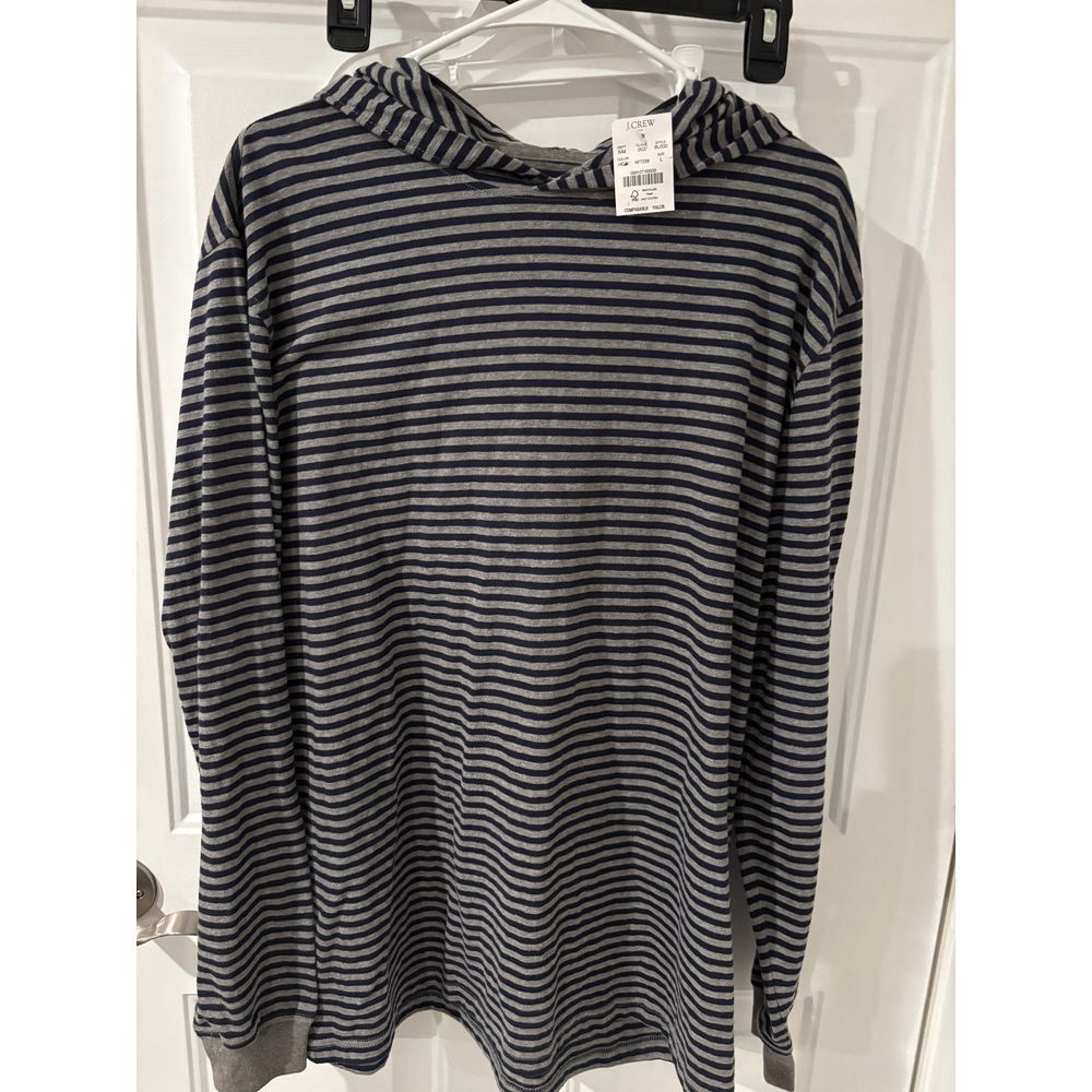 J. Crew Women's Hooded Top Lg Gray Navy Stripe Long Sleeve Casual New‎